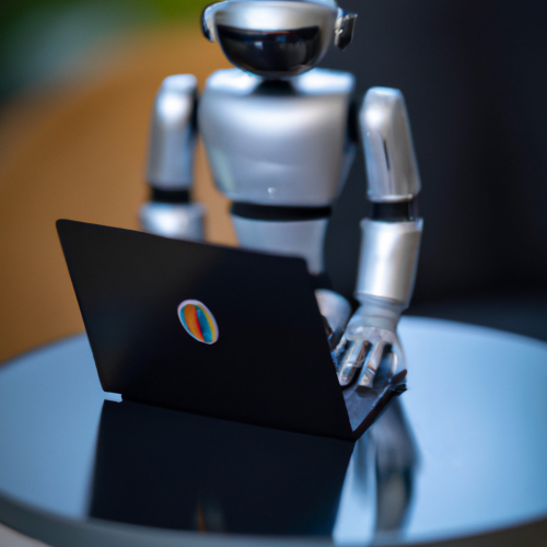 AI robot using gimmefy's AI marketing solutions on a laptop at its desk