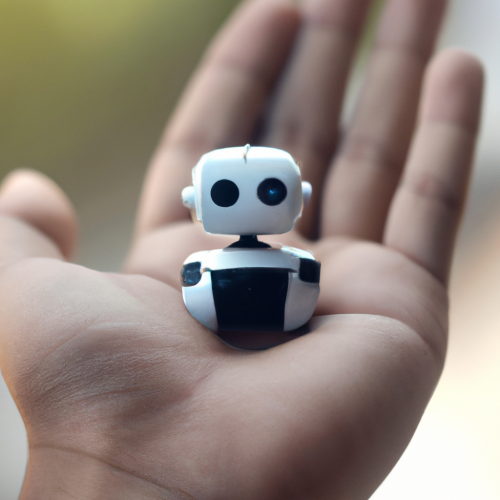 Hand holding a mini AI robot, symbolizing the embrace of gimmefy's AI marketing technology.
