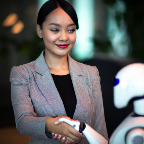 A businesswoman shaking hands with an AI robot, representing a partnership with gimmefy's AI marketing solutions