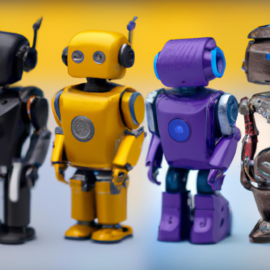 Four different AI robots representing a comparison of AI marketing platforms, including gimmefy.